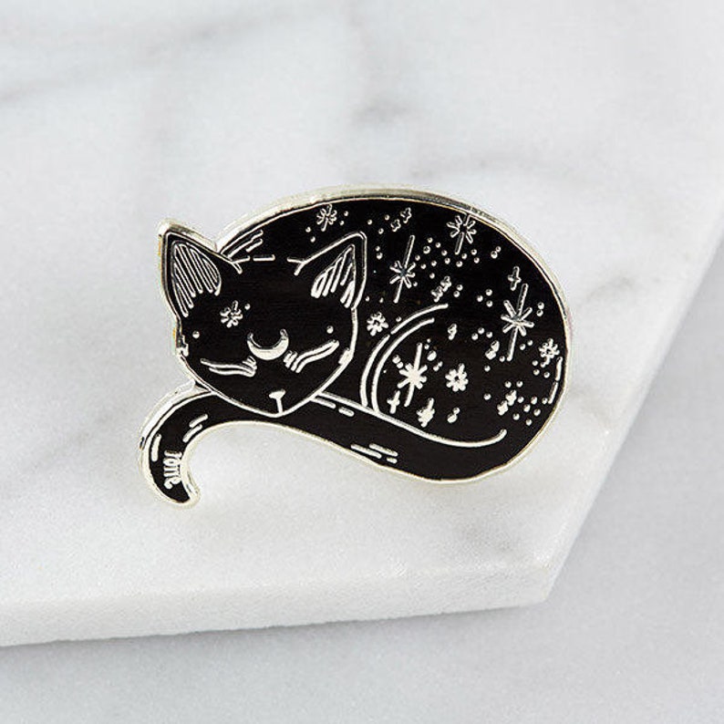 Silver Mystical Cat Enamel Pin // Loll3, sleeping kitty, black cat pin, mystic pin badge // Space kitty image 2