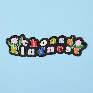 May include: Black sticker with the words "choose kindness" in colorful letters and two pink flowers with green stems on a light blue background.