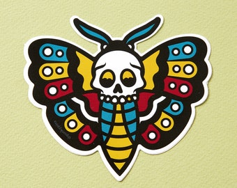 Death Head Moth Sticker - Die cut Sticker // Large Vinyl Sticker // Old Skool School Tattoo Moth // Tattoo Vinyl sticker for Laptop