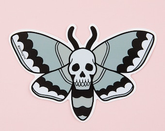 Grey Skull Moth Vinyl Sticker – Gothic Laptop & Water Bottle Decal