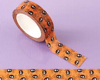 Spooky Spider Washi Tape | Cute Halloween Craft Tape for Scrapbooking. Creepy Stationery | Orange & Black Decorative Paper Tape