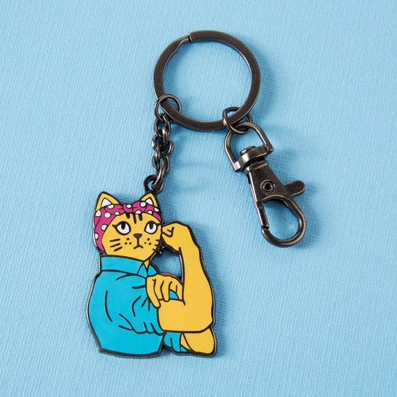 Rosie Riveter Cat Enamel Keyring // Punky Pins Key Chain // 
