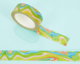 Psychedelic Pastel Waves Washi Tape | Marbled Rainbow Decorative Paper Tape for Journaling, Scrapbooking, & Gift Wrapping