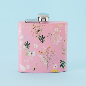 Spring Meadow Square Stainless Steel Hip Flask - Pink // Cute Pink Metal Hip Flask, Alcohol Flask, Sassy, Secret Santa // Punky Pins