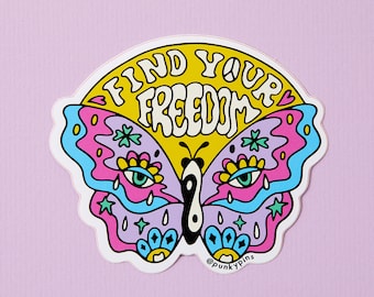 Find Your Freedom Butterfly Vinyl Sticker // laptop sticker // Butterfly decal, retro psychedelic stickers, ying yang