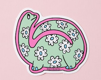 Daisy Print Dinosaur Vinyl Sticker // laptop sticker // Green floral dinosaur, Dinosaur decal, die cut stickers