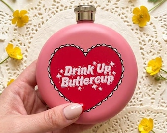 Drink Up Buttercup Stainless Steel Hip Flask - Pink Circle / Round Pink Heart Drinks Hip Flask for Booze, Alcohol Flask / Punky Pins Gift