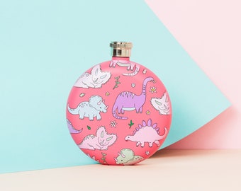 Kawaii Pink Dinosaur Stainless Steel Hip Flask - Pink // Cute Circle/Round Pink Dino Metal Hip Flask, Alcohol Flask // Punky Pins