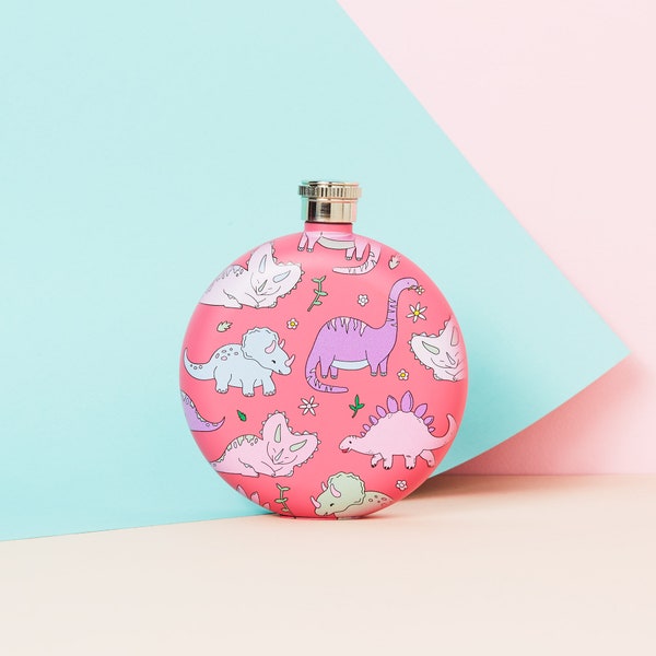 Kawaii Pink Dinosaur Stainless Steel Hip Flask - Pink // Cute Circle/Round Pink Dino Metal Hip Flask, Alcohol Flask // Punky Pins