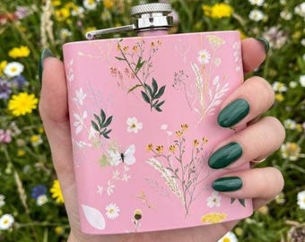 Flasque carrée en acier inoxydable Spring Meadow - Rose // Jolie flasque en métal rose, flasque d'alcool, impertinent, Père Noël secret // épingles Punky