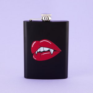 Juicy Fangs Stainless Steel Hip Flask - Black // Metal Hip Flask, Alcohol Flask, Sassy, Secret Santa // Punky Pins