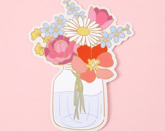 Jam Jar Flowers Vinyl Sticker // Laptop stickers // Die cut sticker, cute floral stickers