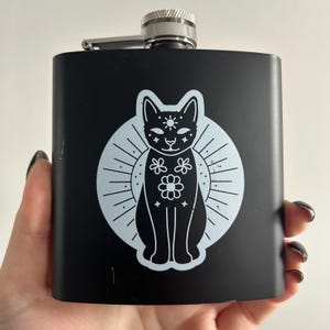 Mystic Cat Black GRADE C SECOND Stainless Steel Hip Flask,  black // Cute Black Metal Hip Flask, Alcohol Flask, Sassy // Punky Pins