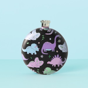 Flasque en acier inoxydable dinosaure pastel noir kawaii - rose//Joli ballon de hanche en métal Dino noir rond/cercle, flasque d'alcool//épingles punk