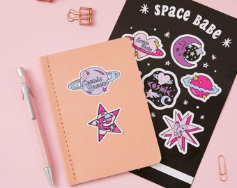 Space Babe Sticker Sheet A5 // Planner stickers / Illustration stickers / Moon and Stars stickers, Planet stickers, Moon Child Sticker sheet