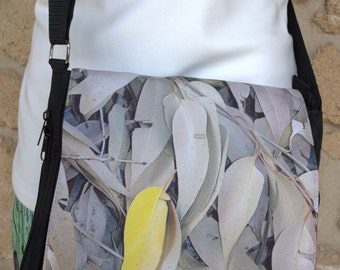 Yellow Leaf Media Shoulder Bag, Photographic Montage, digital print, native flora, messenger bag.