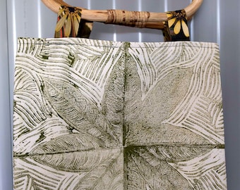 Leaf lino-cut design Tote Bag, original daisy and rock printed interior fabric, Art Bag, hand bag. cane handled tote.