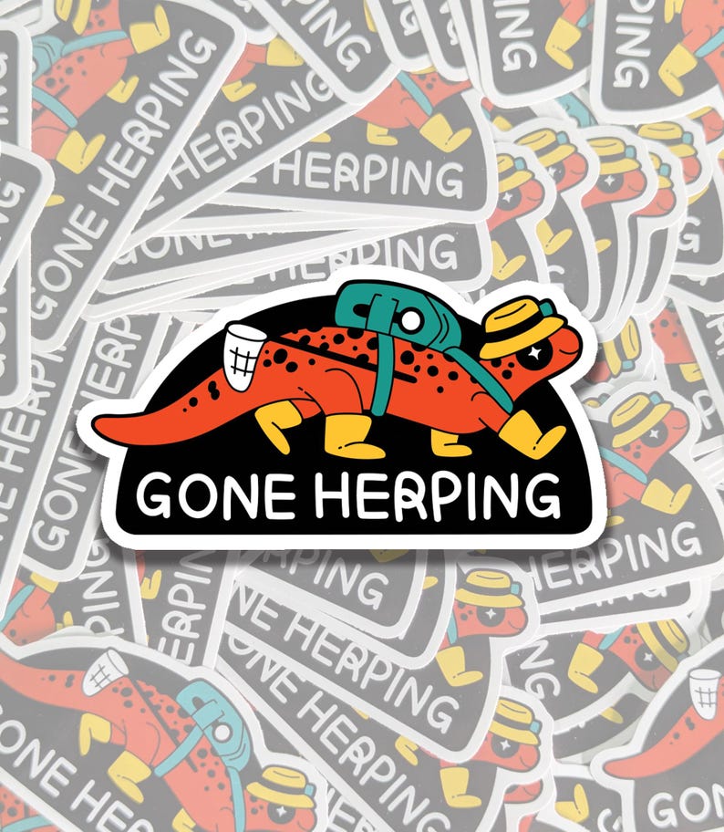 May include: A sticker depicting a cartoon lizard wearing a backpack, boots, and a hat, with the words "GONE HERPING" in white on a black background. The lizard is red with black spots and yellow details. The background is filled with similar stickers.