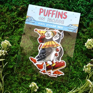 Pacote de adesivos de vinil Puffins on Parade / 4 Puffins em trajes / Palhaço pirata smoking marinheiro pinturas de pássaros fofos / Álbum de recortes de Puffin brilhante