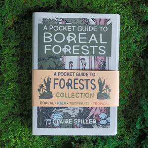 May include: A book titled A Pocket Guide to Boreal Forests by Claire Spiller with a peach-colored paper band wrapped around the center that reads A Pocket Guide to Forests Collection, listing Boreal, Kelp, Temperate, and Tropical forest types.