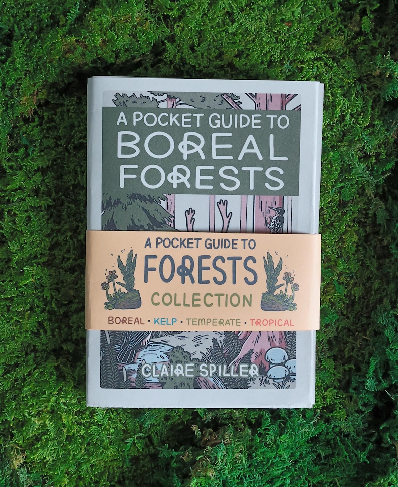 May include: A book titled A Pocket Guide to Boreal Forests by Claire Spiller with a peach-colored paper band wrapped around the center that reads A Pocket Guide to Forests Collection, listing Boreal, Kelp, Temperate, and Tropical forest types.
