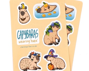 Capybaras Wearing Hats Sticker Sheet / Animal Stickers / Capybara Art / Cute Wildlife Illustration