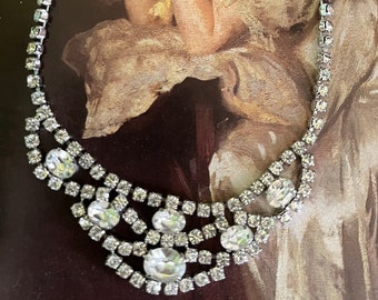 Vintage Rhinestone Bib Necklace, Clear Art Deco Rhinestone Bib,  Rhinestone Statement Necklace, Gift for Her
