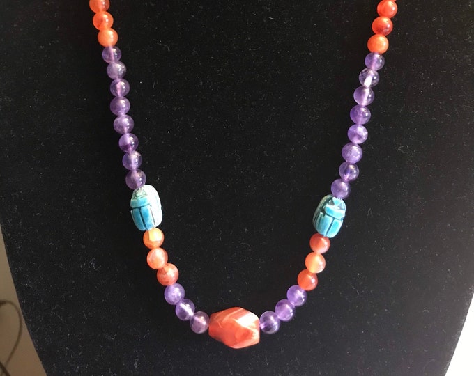 Egyptian Scarab Amethyst and Carnelian Bead Necklace, Signed MMA - Etsy