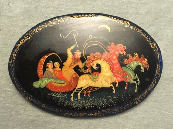 Russian Black Lacquer Brooch, Fairy Tale