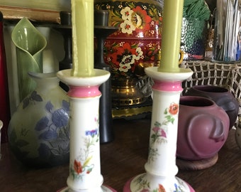 Vintage Porcelain Floral White Pillar Candle Holders Set N&H, English Cottage Style Garden Party Decor, Pink Spring Cottage Flowers