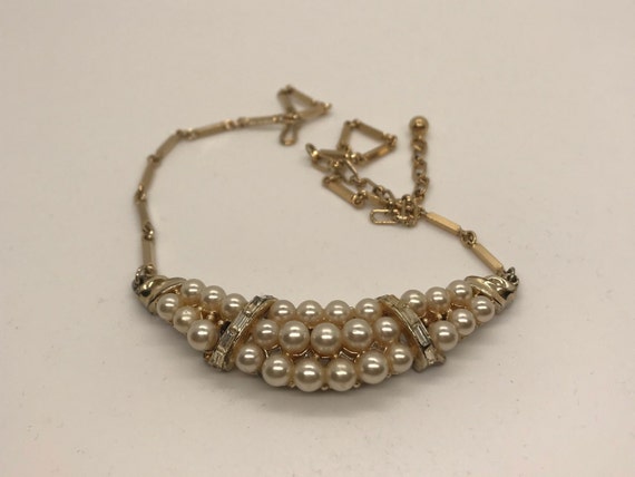 Vintage Coro Faux Pearl Rhinestone Choker Necklace - image 4