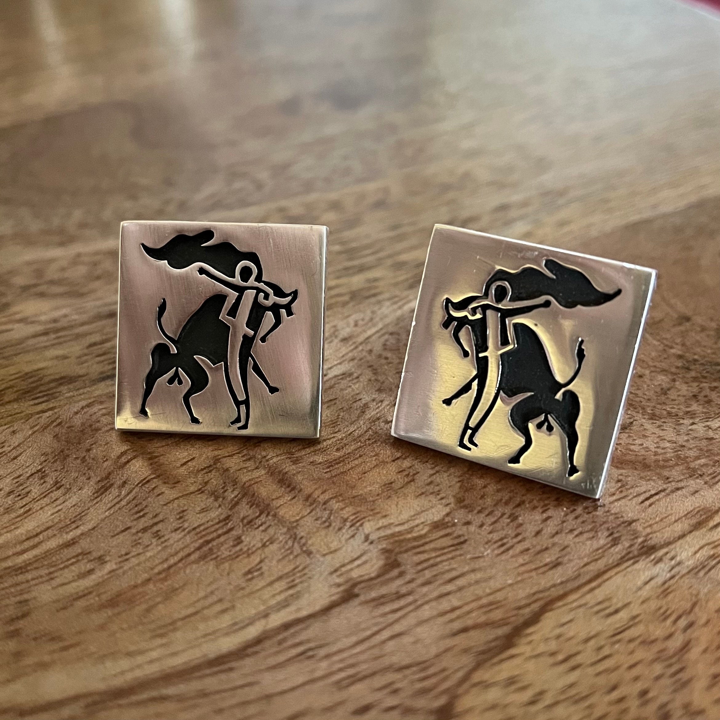 Boutons De Manchette Matador Torero - Ronds, Noir Et Ton Argenté - Vintage - Occasion