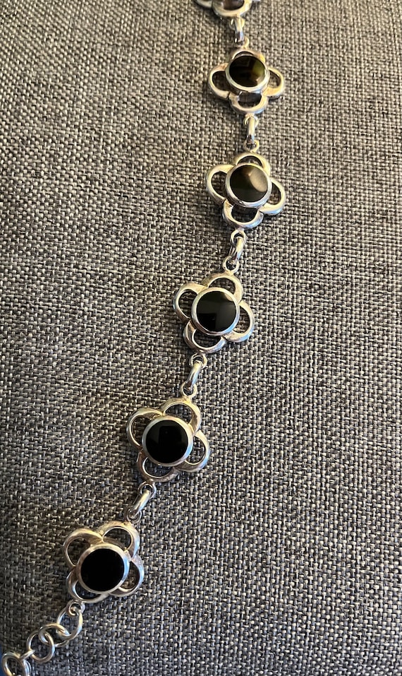 Sweet Vintage Silver and Onyx Flower Bracelet, Ste