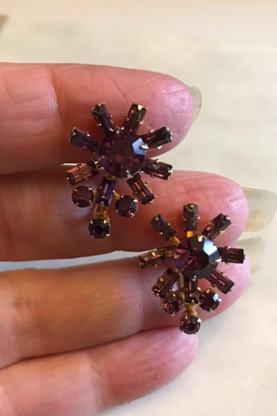 Glamorous Vintage Purple Rhinestone Earrings with… - image 1