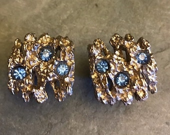 Vintage Swank Brutalist Style Mid Century Silver and Blue Rhinestone Cufflinks from the 60s 70s