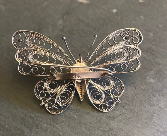 Silver Butterfly Brooch, Vintage Filigree Butterf… - image 4