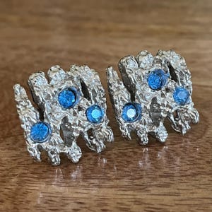 Vintage Rhinestone Cufflinks from the 60s 70s, Swank Brutalist Style Mid Century Silver and Blue Cufflinks