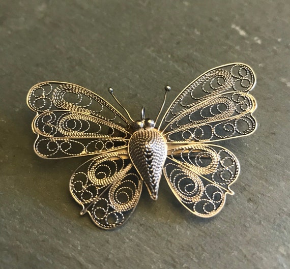 Silver Butterfly Brooch, Vintage Filigree Butterf… - image 2