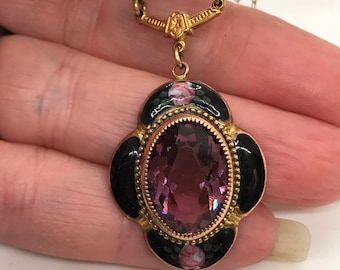 Vintage Etruscan Revival Crystal necklace, Purple Crystal Black Guilloche Pink Roses Necklace, Gift for Her