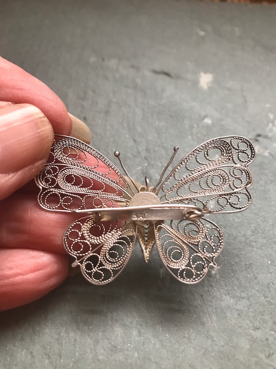 Silver Butterfly Brooch, Vintage Filigree Butterf… - image 6