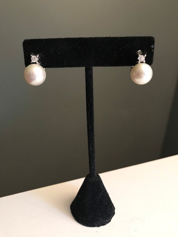 Vintage Pearl and CZ Latch Back Earrings, Pearl F… - image 2