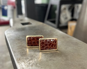 Vintage Brown Crocodile Cufflinks, Alligator Goldtone Cuff Links