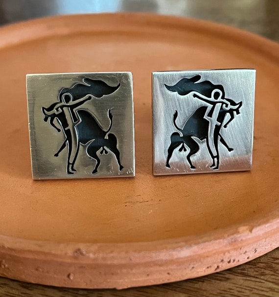 Boutons De Manchette Matador Toréro Vintage - Rond Noir Et Argenté - Unisexe - Occasion