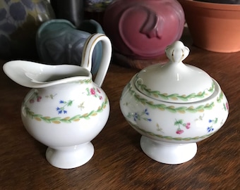 Bernardaud Limoges Sugar and Creamer set, Vintage Limoges France, Poe Green Laurel Leaves and Red & Blue Flowers, Gift for Her