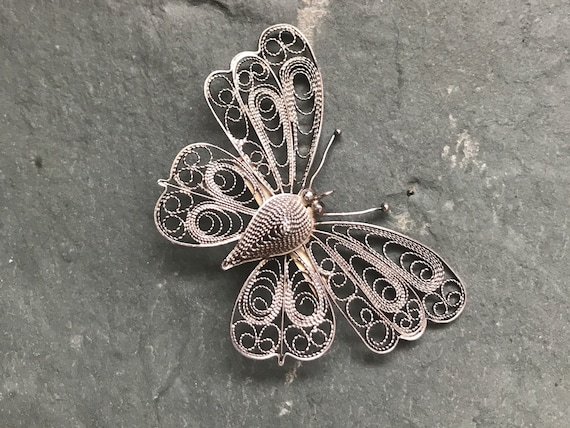 Silver Butterfly Brooch, Vintage Filigree Butterf… - image 1