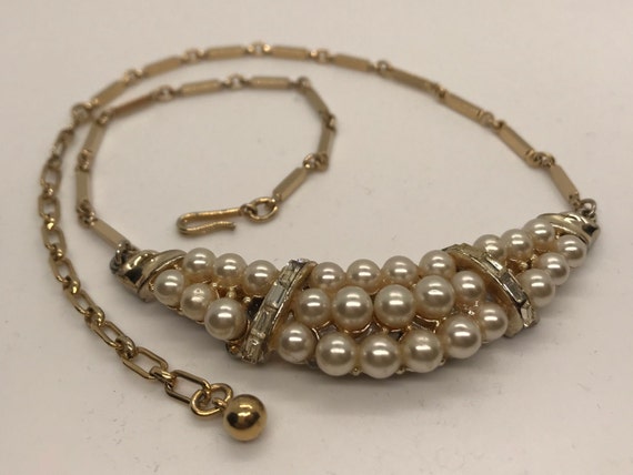 Vintage Coro Faux Pearl Rhinestone Choker Necklace - image 3