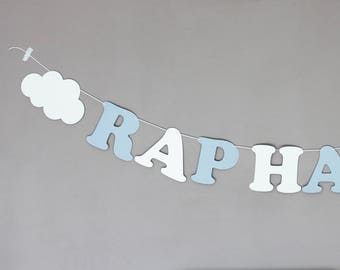 Guirlande prénom en papier sur cordon en coton enduit - prenom + 2 nuages