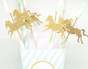 Lot de 6 Pailles cheval carrousel vert menthe et rose -cheval doré -pour anniversaire enfant- baptême