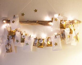 Christmas, Advent calendar, pouches, gold and white, Stickers, golden stars, to fill, children's gifts