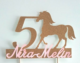 Décoration gateau,cheval, cake topper, doré, paillette, age, prenom,  rose ,fete anniversaire enfant, fille